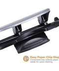EZ Squeeze Three Hole Punch with No Jam Technology, showing paper chip disposal tray, heavy-duty black and silver design, home office use