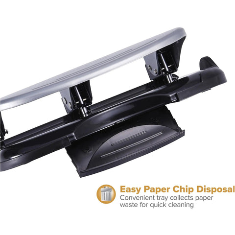 EZ Squeeze Three Hole Punch with No Jam Technology, showing paper chip disposal tray, heavy-duty black and silver design, home office use