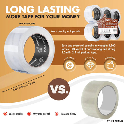 Industrial Grade Heavy Duty Clear Packing Tape Pack 6 Rolls Each 110 Yards 3 Inch Wide 2.0 Mil Thick BOPP Adhesive Built For Moving Shipping