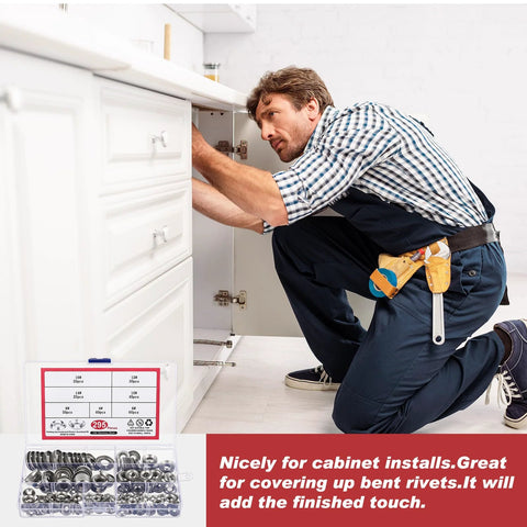 Yaocom 295-piece stainless steel finish washers set in clear case with seven sizes for cabinet installs.
