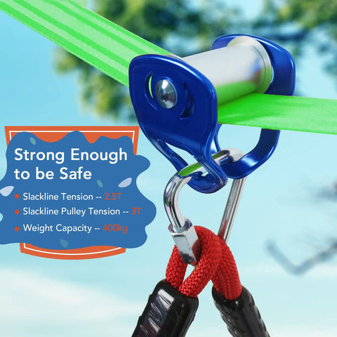 Close-up of Two In One Ninja Warrior Obstacle Course With Zip Line For Kids And Adults featuring green slackline and blue pulley.