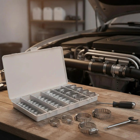 Heavy Duty 40 Piece Worm Gear Hose Clamp Kit For Automotive And Utility Jobs Fits 6-29mm Radiator and Heater Lines Made From Tough 201 Stainless Steel For A Solid Grip On Any Hosing Setup You Need. 40-piece stainless hose clamp kit in storage case, with wrench on workbench