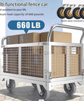 Heavy Duty Fold Flat Platform Cart With Reinforced Cage glides smooth and handles 660 pounds easily, featuring sturdy steel and boxes.