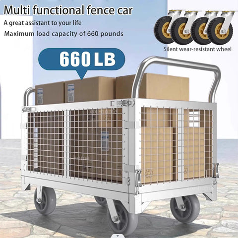Heavy Duty Fold Flat Platform Cart With Reinforced Cage glides smooth and handles 660 pounds easily, featuring sturdy steel and boxes.
