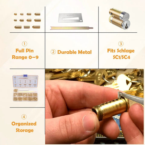 Keyway Rekey Kit For SC1 And SC4 Locks With Bottom Pins 0 Through 9 50 Pins Per Kit held by hand for rekeying project