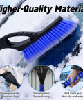 Two In One Snow Brush And Ice Scraper For Cars, 27 Inch Detachable Handle With Ergonomic Foam Grip, No Scratch PVC Brush, Heavy Duty ABS Build, Fits Cars Trucks And SUVs, Blue in use on car window with focus on brush and handle