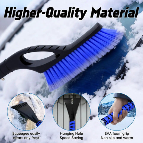 Two In One Snow Brush And Ice Scraper For Cars, 27 Inch Detachable Handle With Ergonomic Foam Grip, No Scratch PVC Brush, Heavy Duty ABS Build, Fits Cars Trucks And SUVs, Blue in use on car window with focus on brush and handle