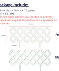 Garden Edging Border Kit 10 Pack 23x8.5 Inch White Plastic Fence Panels showing front and back views with dimensions.