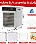 Digital Food Dehydrator With Ten Broad Trays To Whip Up Juicy Jerky Crispy Fruit Chips Dried Herbs And Quality Dog Chews Running Quiet On Precise Temperature Dial And All Day Timer For Super Easy Snack Making At Home with accessories and dimensions.