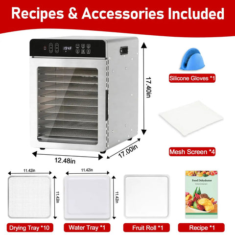 Digital Food Dehydrator With Ten Broad Trays To Whip Up Juicy Jerky Crispy Fruit Chips Dried Herbs And Quality Dog Chews Running Quiet On Precise Temperature Dial And All Day Timer For Super Easy Snack Making At Home with accessories and dimensions.