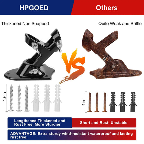 Heavy Duty Aluminum Flag Holder Bracket For House Exterior That Cuts Through Wind And Rain Dual Position Adjustable Zero Rust One Inch Black Flag Pole Mount comparison with inferior rusted bracket.