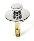 Chrome lift-and-turn bathtub drain stopper with knurled knob and brass threaded stem