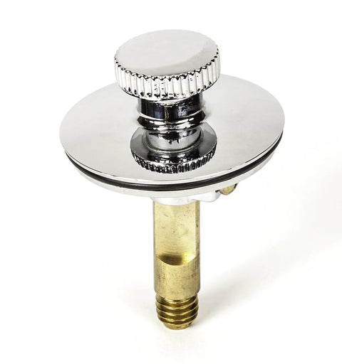 Chrome lift-and-turn bathtub drain stopper with knurled knob and brass threaded stem