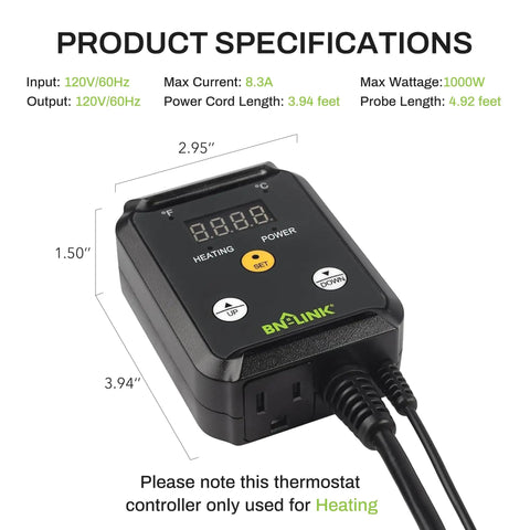 Digital Reptile Thermostat Temperature Controller For Heat Mat 40-108 F 1000W ETL Listed Easy Three Button Setup Plug And Play For Seed Starting Germination Greenhouse Incubator Brooder Brewing And Reptile Tanks
