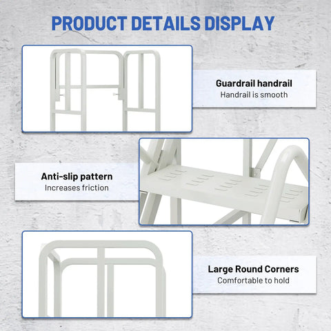 Close-up of Badass Heavy Duty Seven Step Rolling Ladder With Reinforced Steel Handrails, showing guardrail and anti-slip features.
