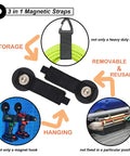 3-in-1 magnetic straps showing storage, removable hooks, and hanging solutions for tools and hoses, featuring heavy duty design.