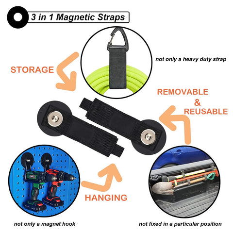 3-in-1 magnetic straps showing storage, removable hooks, and hanging solutions for tools and hoses, featuring heavy duty design.