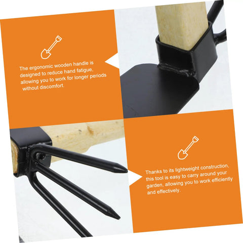 Ergonomic Wooden Handle Weeding Hoe And Hand Rake Tool For Weed Control In Your Garden close-up of handle and tines