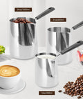 Turkish Coffee Pot And Milk Frothing Jug 21oz 600ml Stainless Steel Toroid Pitcher With Long Handle next to coffee beans and latte.