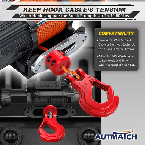 Beefy Three Eighths Inch Clevis Slip Hook With Safety Latch for Winch Rope on ATV, red gated hook, 39,600 lb rated