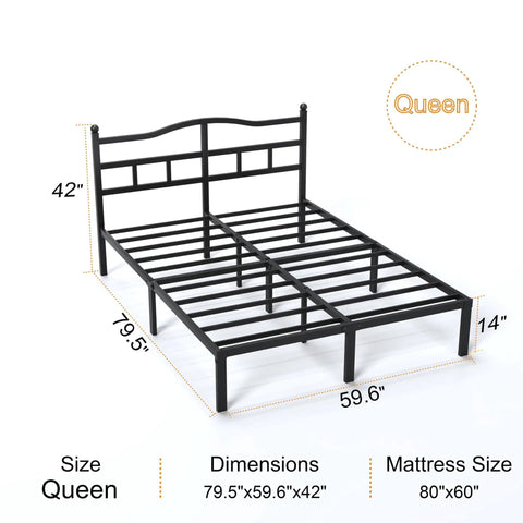 Heavy Duty Queen Bed Frame With Curved Headboard Noise Free Metal Platform built like a tank with steel slats dimensions and size.