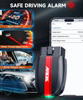 BD200 Bluetooth OBD2 Scanner With Exclusive App On iOS And Android showing speed, temperature, and fatigue alerts on screen.