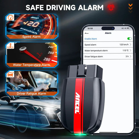BD200 Bluetooth OBD2 Scanner With Exclusive App On iOS And Android showing speed, temperature, and fatigue alerts on screen.