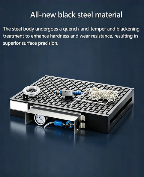 Shop Ready Cnc Vacuum Chuck And Suction Base Plate With Built Tough Grip And Stable Pressure For Router Milling Fixtures On Metal Or Plastic Workpieces, black steel construction with pressure gauge.