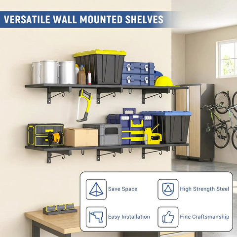 2 Pack Heavy Duty Garage Wall Shelves With 46 By Twelve Point Five Inch Floating Metal Shelves And Eight Hooks Wall Mounted Storage Rack Industrial Utility Organizer For Workshop Laundry Room Basement installed on a garage wall with various tools and bins.