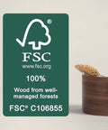 FSC certification label for wood from well-managed forests, next to a walnut wooden container with wheat detail on a neutral background.