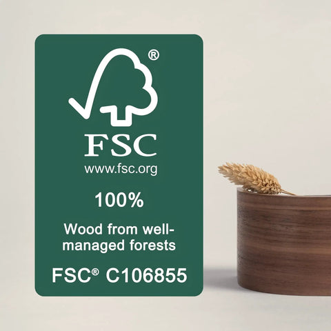 FSC certification label for wood from well-managed forests, next to a walnut wooden container with wheat detail on a neutral background.