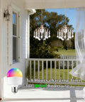 Total Game Changer Two Piece Crystal Chandelier Set Battery Powered With Zero Hassle Setup Remote Control Dimmable Rgb Pendant Lights for outdoor patios.
