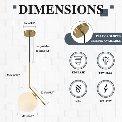 Dimensions and features of Mid Century Modern 1 Light Globe Pendant Chandelier in Brushed Gold with White Glass Ball.