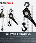 CREWORKS lever chain hoist, black metal with galvanized chain and swivel hooks, 3-ton capacity, 10 ft lift