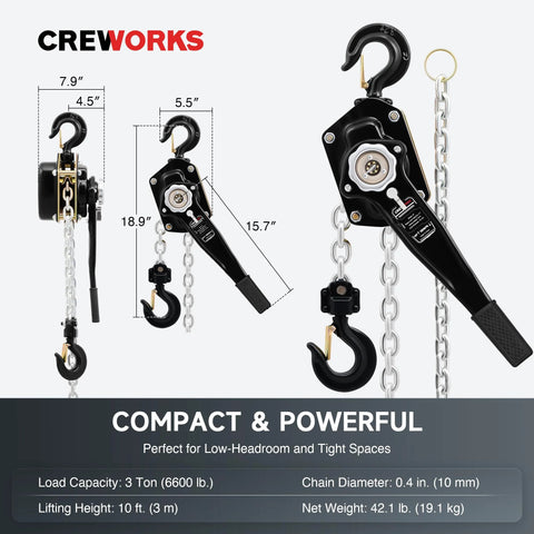 CREWORKS lever chain hoist, black metal with galvanized chain and swivel hooks, 3-ton capacity, 10 ft lift