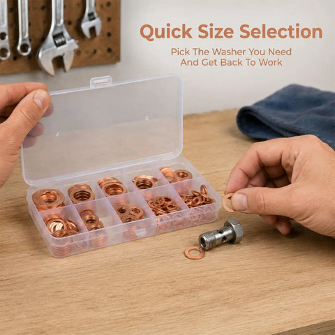 350 Pcs Copper Metric Sealing Crush Washers Set With 10 Sizes For Automotive Marine Motorcycle And DIYer Projects Durable Red Copper Gasket Seals For Oil Drain Plugs Banjo Bolts And General Sealing in organizer case