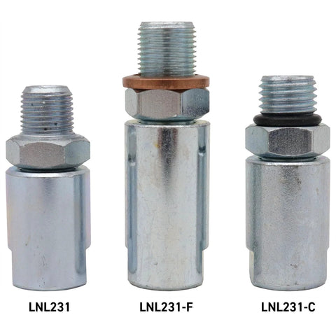 Three chrome 1/8 inch NPT inline grease hose swivel fittings (LNL231, LNL231-F, LNL231-C).