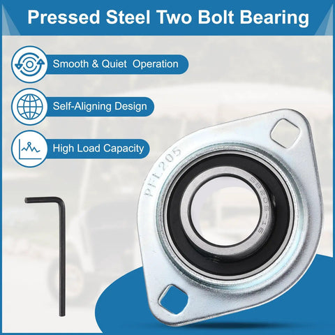 Two Pack 1 Inch Pillow Block Bearings With Two Bolt Steel Flange Mounted Housings, Wrench Included, SBPFL205-16 Bearing Units For 1 Inch Shafts, Chrome Steel Set Screw Insert Bearings, Durable And Easy Install, pressed steel flange bearing and wrench