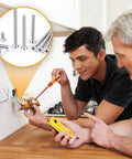 Straight Up Heavy Duty White Outlet Screws Kit For Wall Plate And Device Mounting Extra Long Machine Fasteners With Slotted Oval Heads used by two men installing a switch.