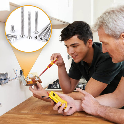 Straight Up Heavy Duty White Outlet Screws Kit For Wall Plate And Device Mounting Extra Long Machine Fasteners With Slotted Oval Heads used by two men installing a switch.