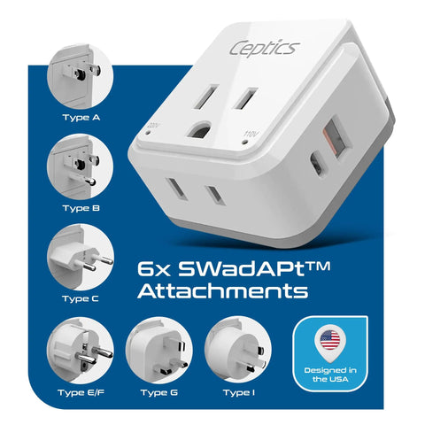 Worldwide Travel Plug Adapter Kit With Dual USB And USB C 3.1A, 20W QC PD, Two US Outlets, Compact Yet Powerful, Type A B C E F G I Plugs