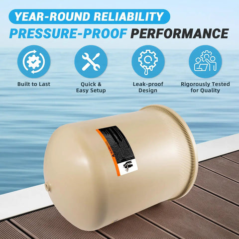 Tan Tank Lid Replacement For Pentair FNS Plus FNSP60 180009 60 Sq Ft DE Cartridge Filter Cover on deck near water