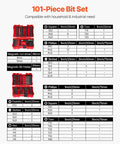 Dang Tough 101 Piece Screwdriver Bit Set Heavy Duty S2 Steel bits displayed in organized storage case with magnetic holder.