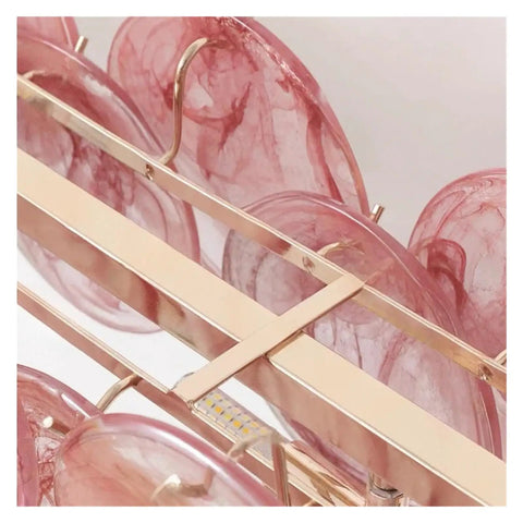 Close-up view of Luxury Colorful Glass Led Pendant Lights French Modern Hanging Lamp showcasing vivid pink glass and gold accents.