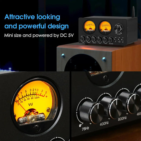 5 Band Bluetooth Equalizer Preamp For Home Stereo And Computer Speakers With VU Meter Dial In Tone Control Independent Op Amp Per Band For Precise Bass Mid And Treble Tuning On Any Amplifier, black metal mini unit with VU meters and knobs