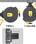 Heavy Duty Automatic Retractable Air Compressor Hose Reel With 3/8 Inch By 50 Ft Hybrid Air Line For Shop And Garage showing wall and ceiling mounting options.