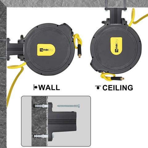 Heavy Duty Automatic Retractable Air Compressor Hose Reel With 3/8 Inch By 50 Ft Hybrid Air Line For Shop And Garage showing wall and ceiling mounting options.