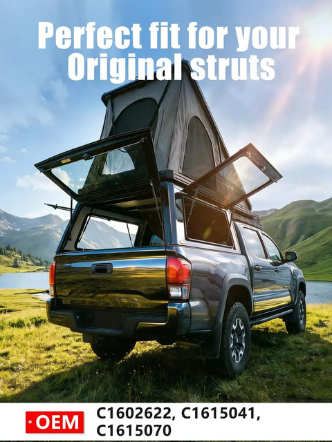 17 Inch 28 Lb Force Gas Strut Kit For Beefy Truck Topper Rear Window Lift Slick Camper Shell Support Swap Smooth As Silk Direct Fit Pickup Canopy Premium Hardware Replacement Set on a parked truck in scenic landscape.