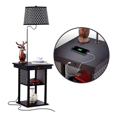 Madison Compact Side Table With Integrated Floor Lamp USB Port And LED Bulb, Bedside Reading Light, Modern End Table For Bedroom Living Room Office, Space Saving Nightstand In Black