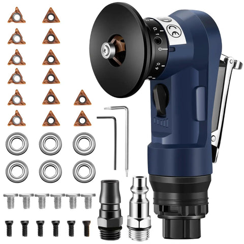Pro Grade High Performance Pneumatic Chamfering Tool For Metal Wood PVC And Acrylic, 30000 RPM Air Deburring Bevel Tool With 6 Bearings, 8 C Blades And 6 R Blades, 45 Degree Chamfer, 1 Quarter Inch Air Inlet, Complete Screw Kit shown.